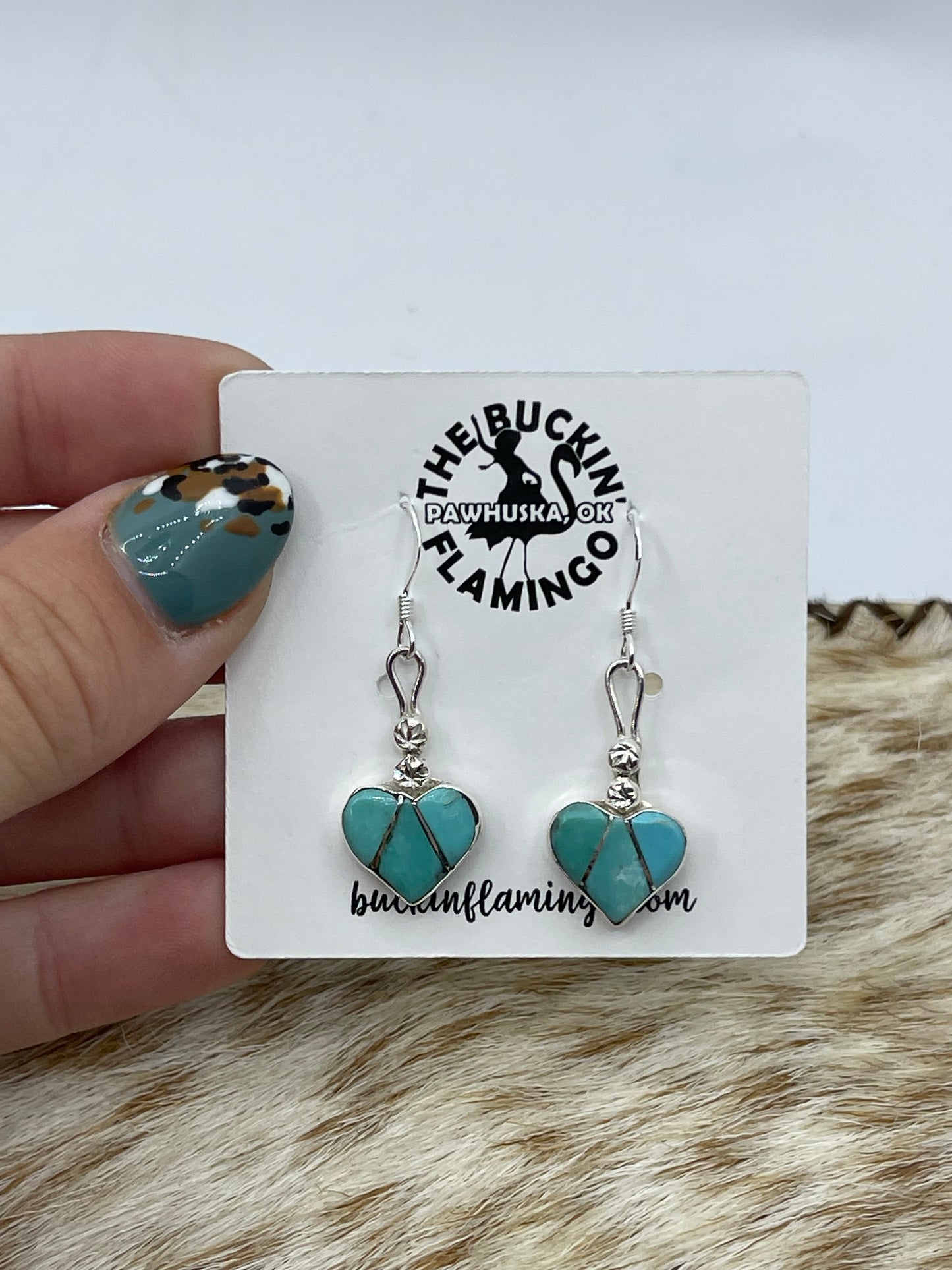 LOT 53 B 1/25    Inlaid Turquoise Heart Dangle Earrings by Ola Eriacho, Zuni