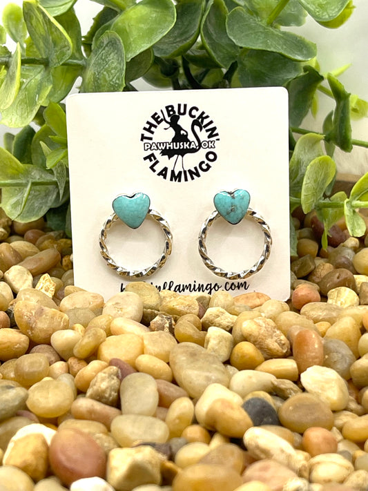 Turquoise Heart with Circle Hoop Earrings by Sonyei Coho, Navajo