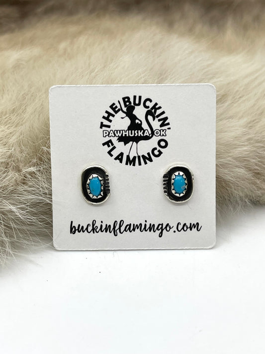 Small Turquoise Post Earrings with Silver Border