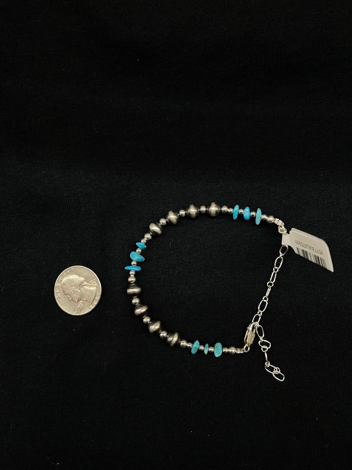 6"+3 1/2" Extender 4mm-7mm Navajo Pearls and Turquoise Bracelet by Lucinda Sardo, Navajo