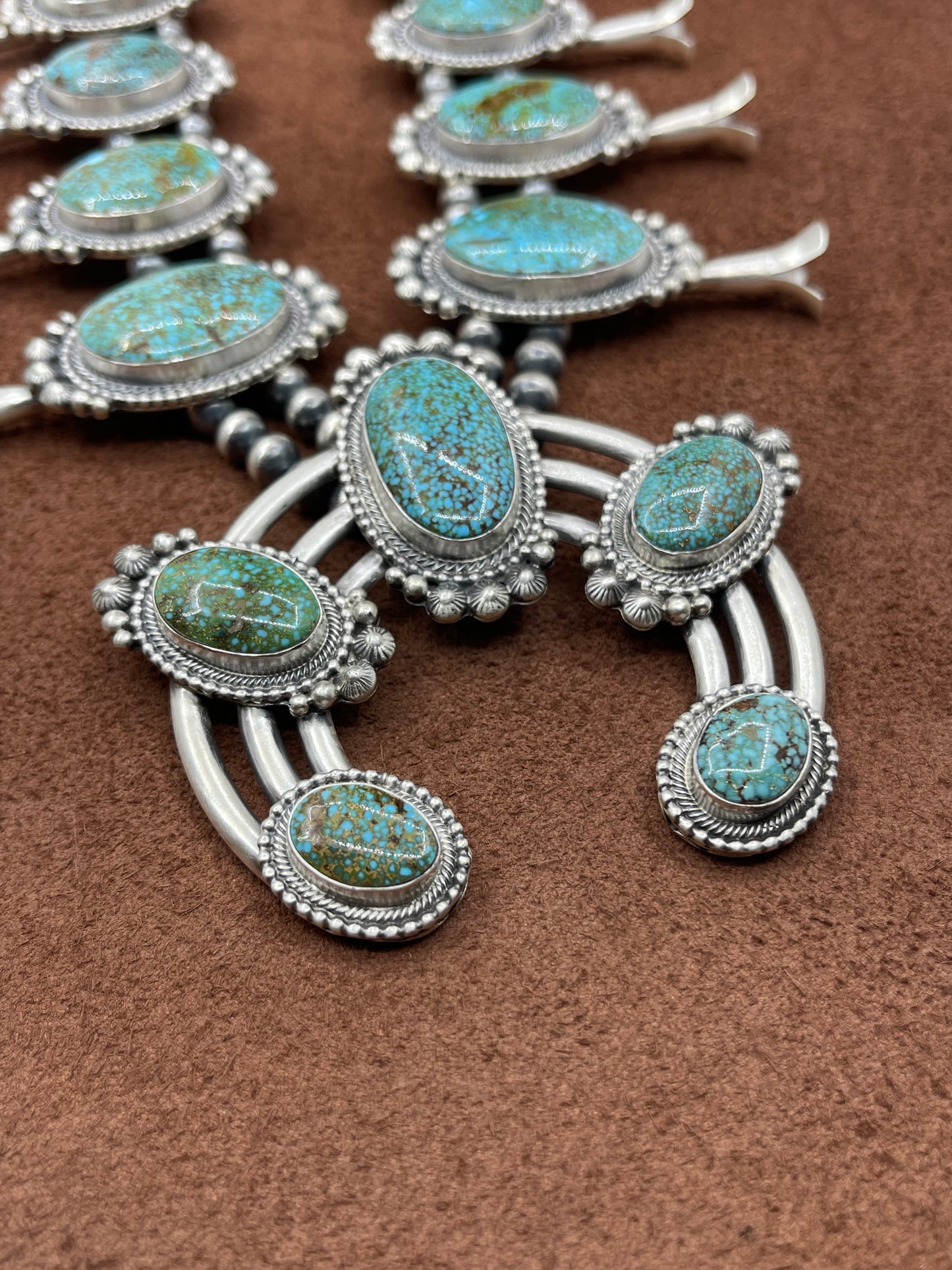 24" High Grade Kingman Web Turquoise Squash Blossom Necklace by Tom Lewis, Navajo