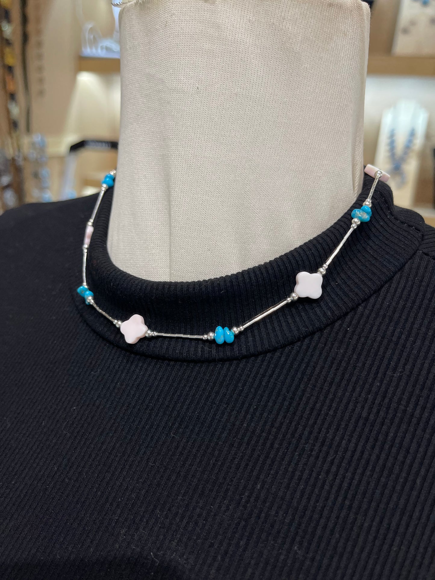 Pink Conch Shell and Turquoise on Liquid Silver Necklace