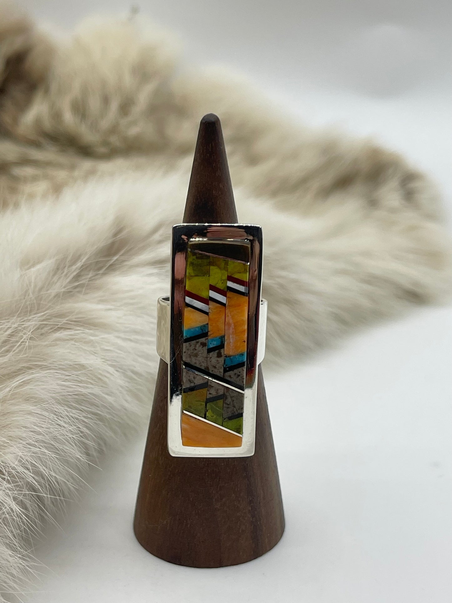 7.5 Rectangle Amazing Inlay Ring by Marie Jackson, Navajo