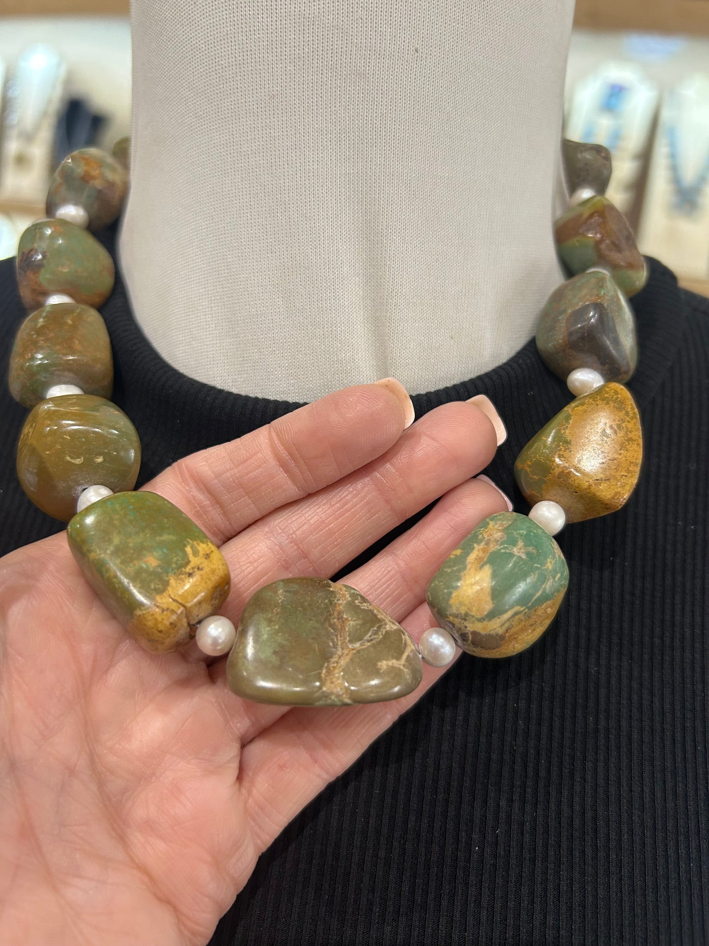19" Chunky Royston Turquoise Nugget with Fresh Water Pearl Necklace