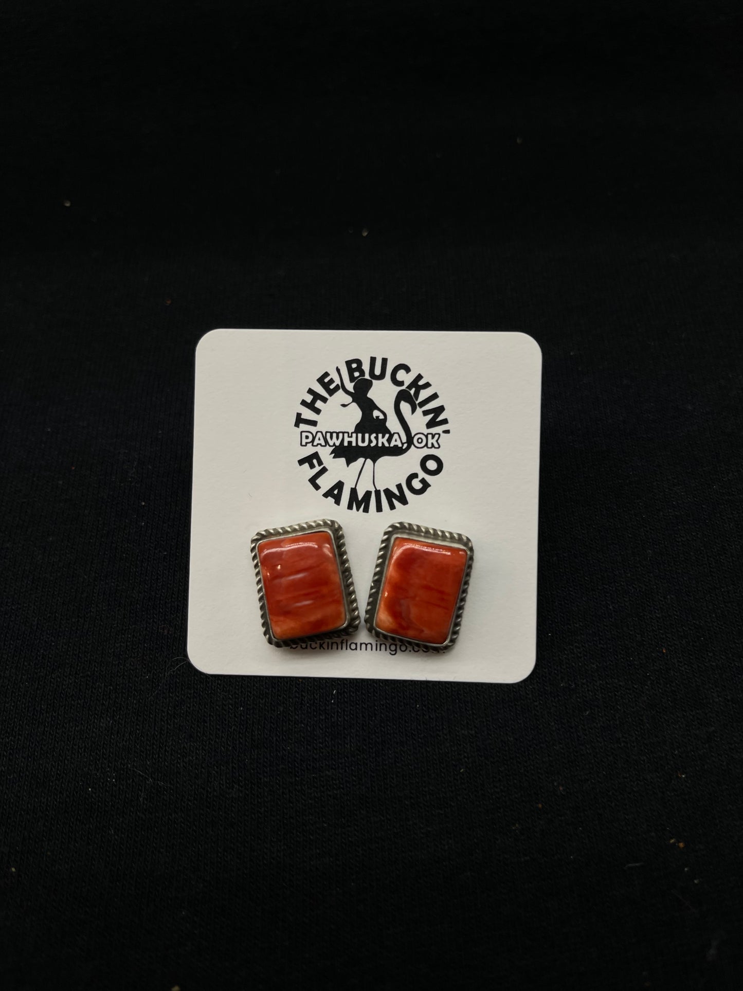 Red Spiny Oyster Shell Rectangle Post Earrings by Judith Dixon, Navajo