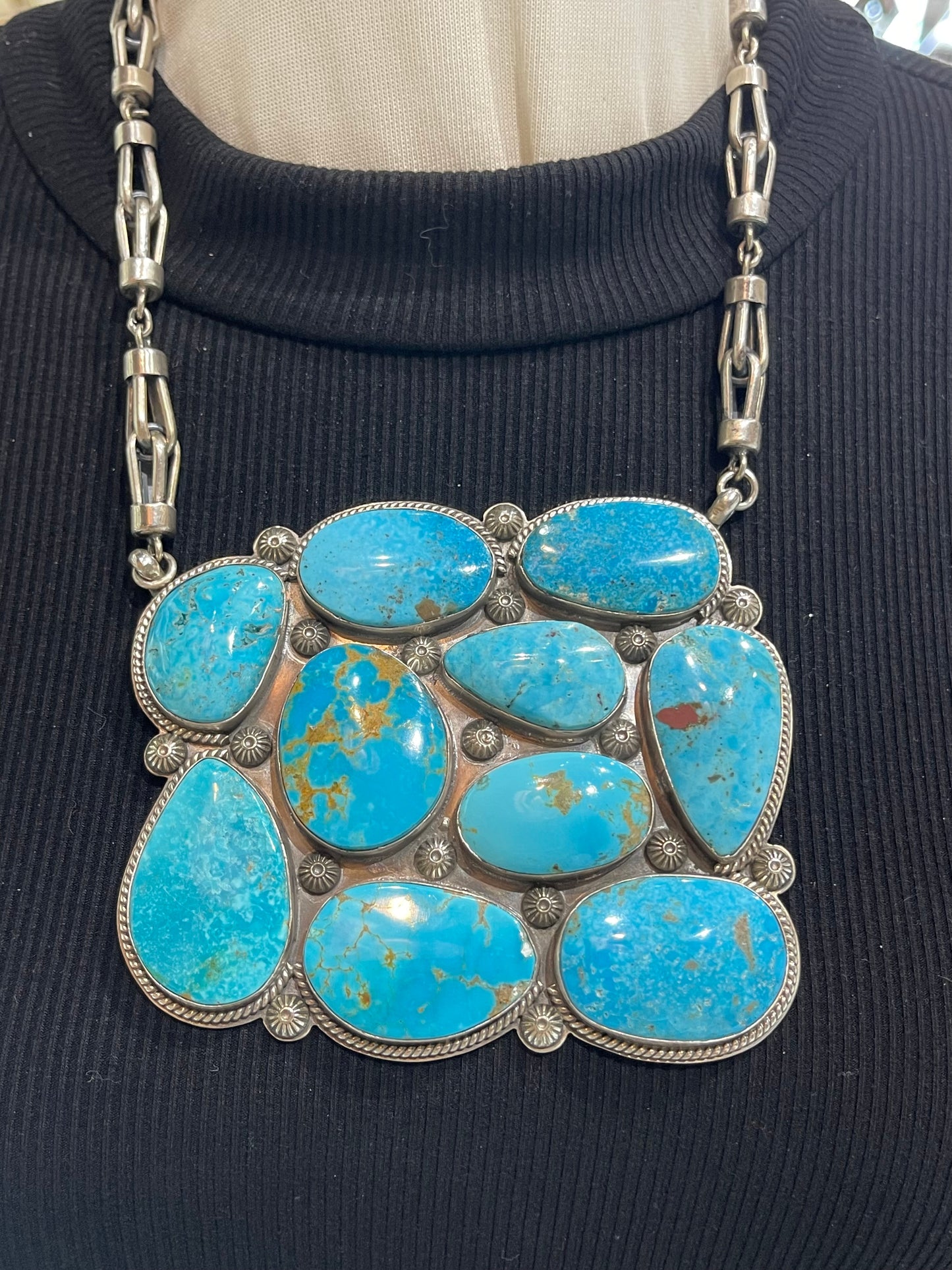 18" 10 Stone Kingman Turquoise Cluster Necklace by Gilbert Platero, Navajo
