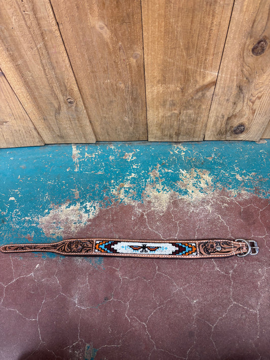 Large Bird Beaded Leather Tooled Dog Collar