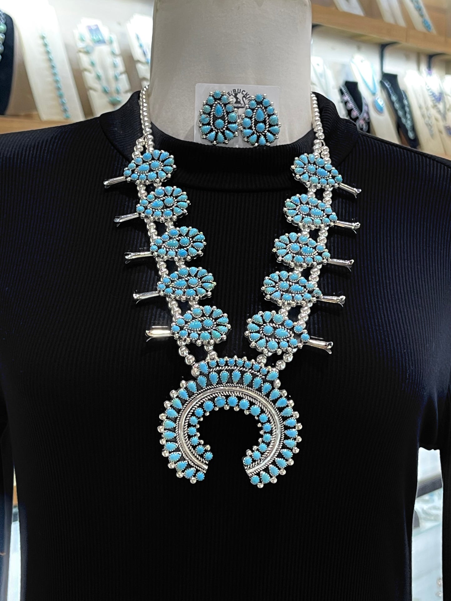 24" Sleeping Beauty Squash Blossom Necklace & Earring Set