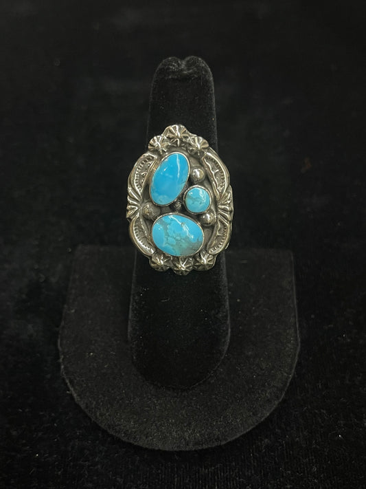 6.0 Three Stone Turquoise Ring by Leona Delgarito, Navajo