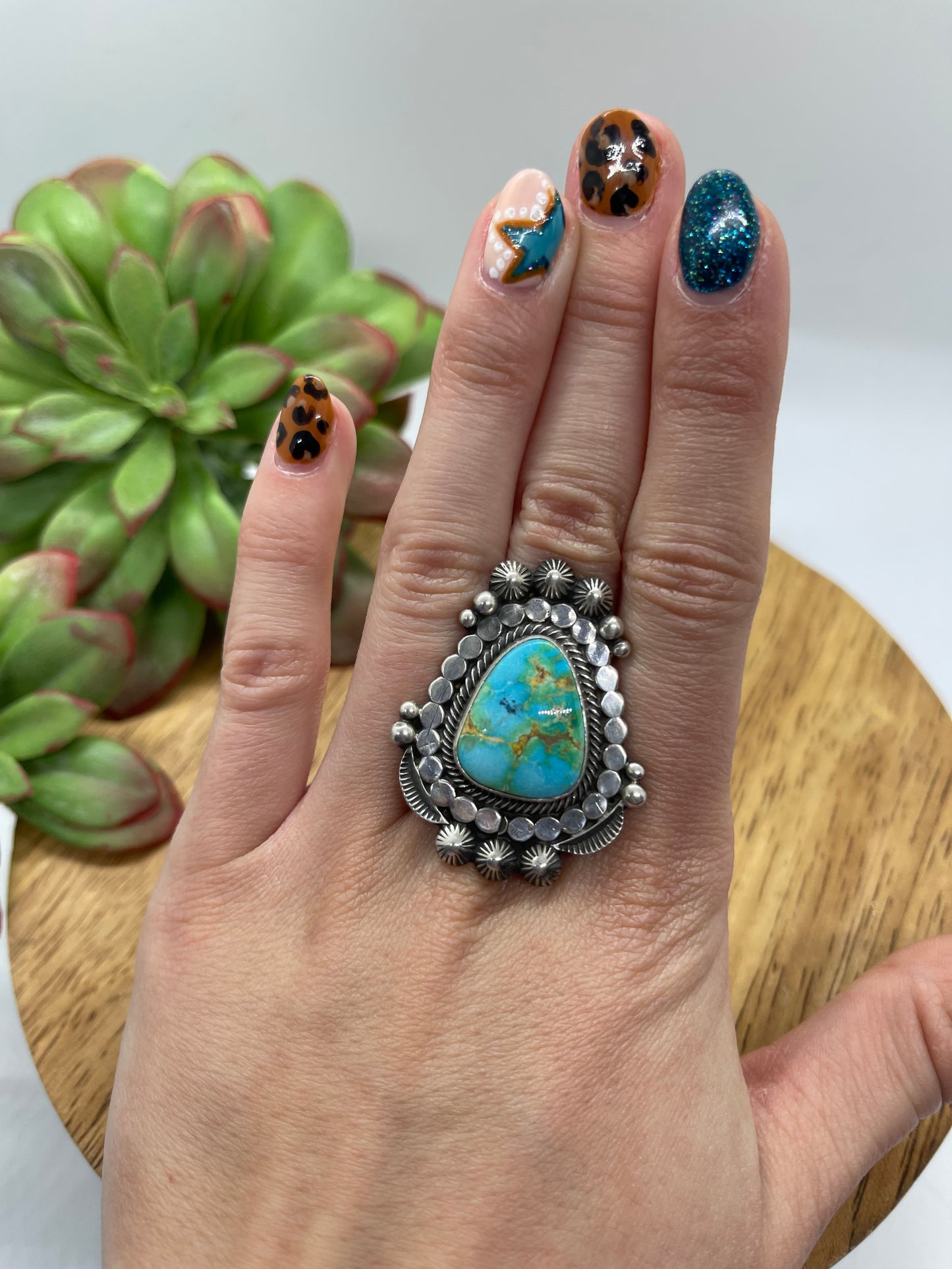 7.0 Sonoran Gold Turquoise Triangle Ring by Tom Lewis, Navajo