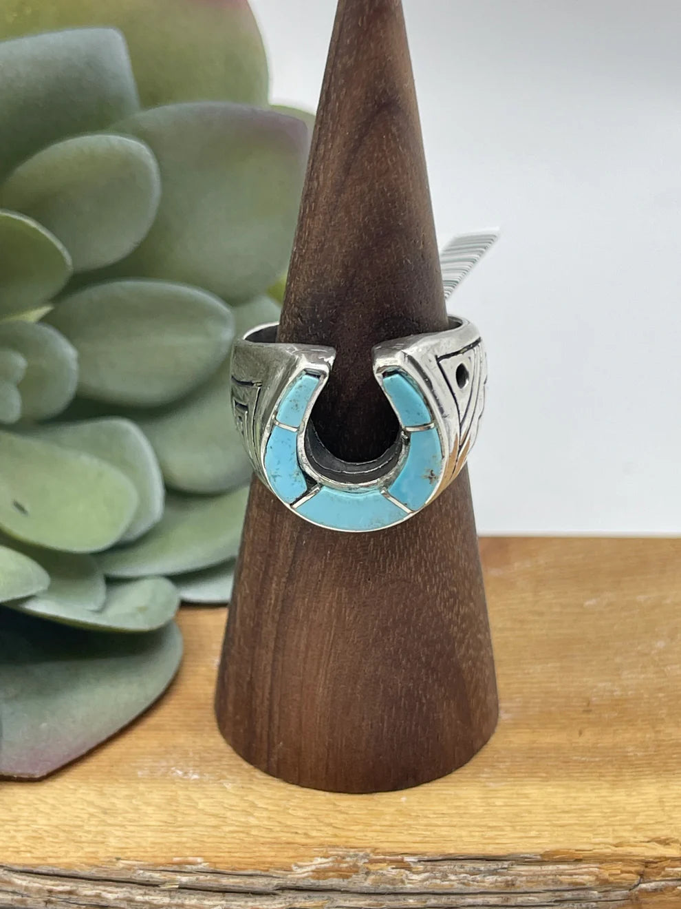 10.0 Turquoise Inlay Horshoe Ring by Bevis Tsadiasi, Zuni