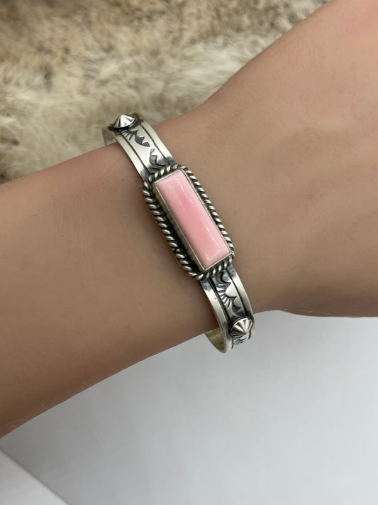 5.75”-7.75” Pink Conch Shell Bar Stacker Cuff by Rick Enriquez, Navajo