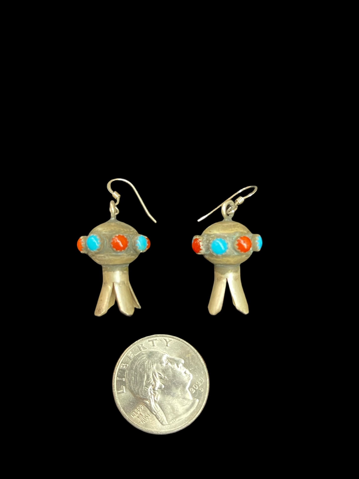 Sleeping Beauty Turquoise and Red Coral Shell Blossom Hook Dangle Earrings by Salina Warner, Navajo