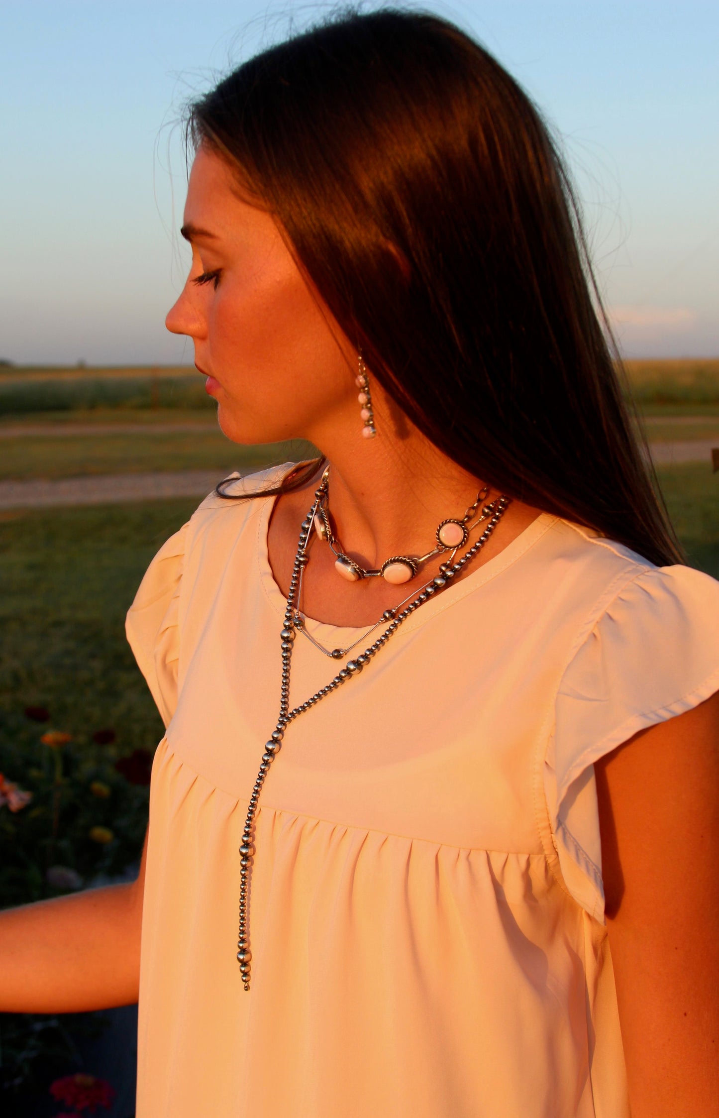 4 Stone Pink Conch Shell Drop Dangle Earrings by Maxine Ramirez, Navajo