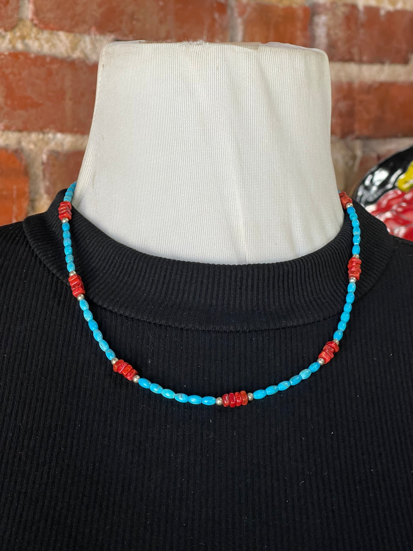 18" Turquoise and Apple Coral Necklace