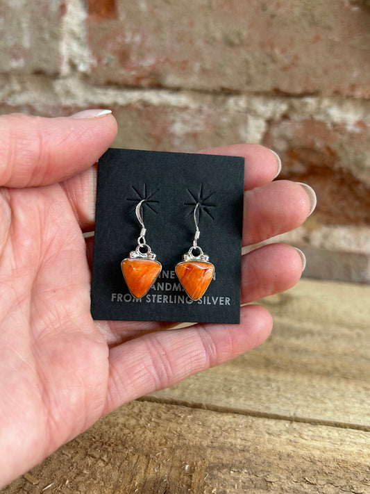 Orange Spiny Oyster Shell Triangle Dangle Earrings by Arlene Lewis, Navajo