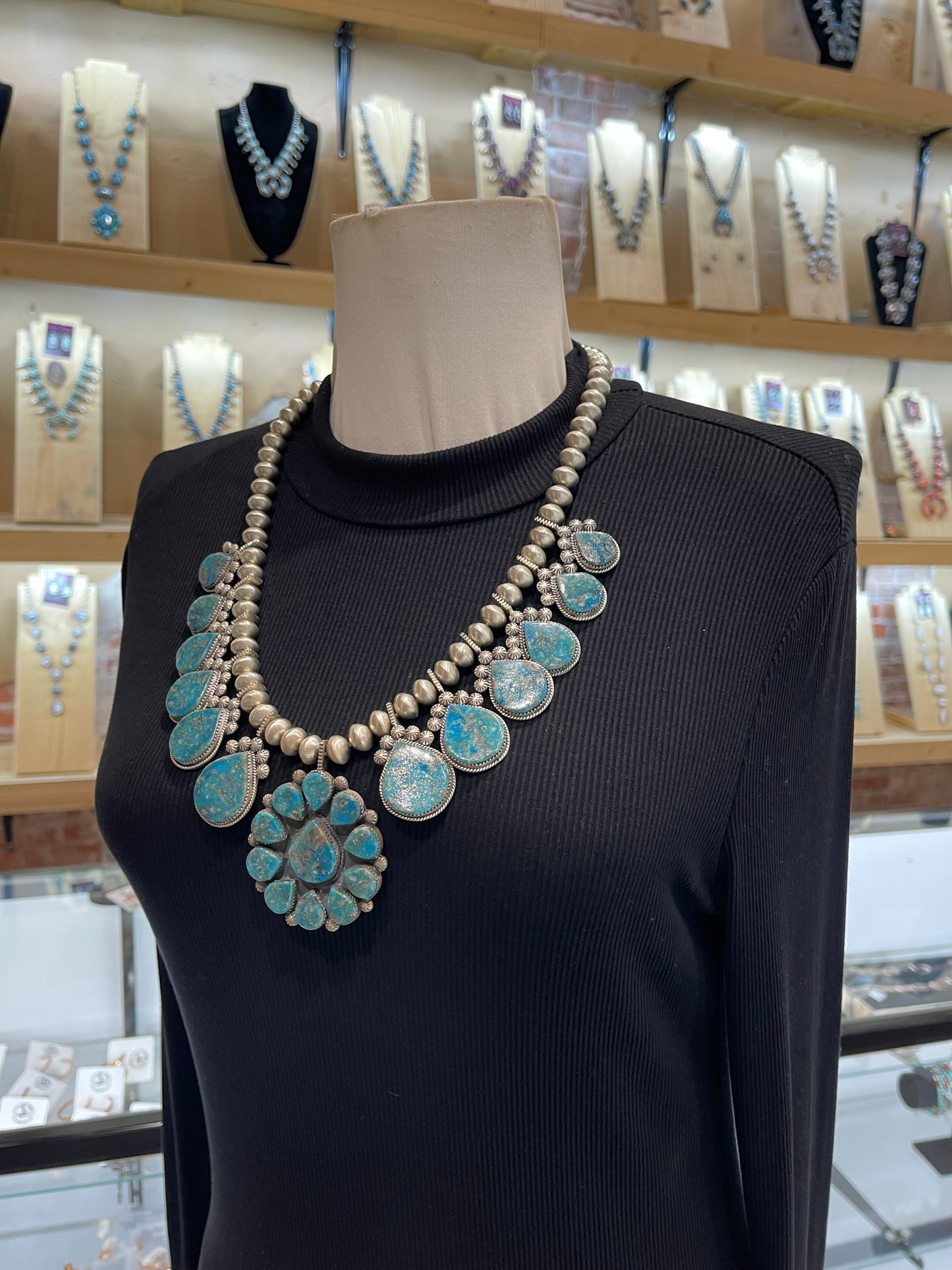 24” 24" Handmade Navajo Pearls Kingman Turquoise Cluster Necklace Squash Blossom & Earring Set by Selina Warner, Navajo