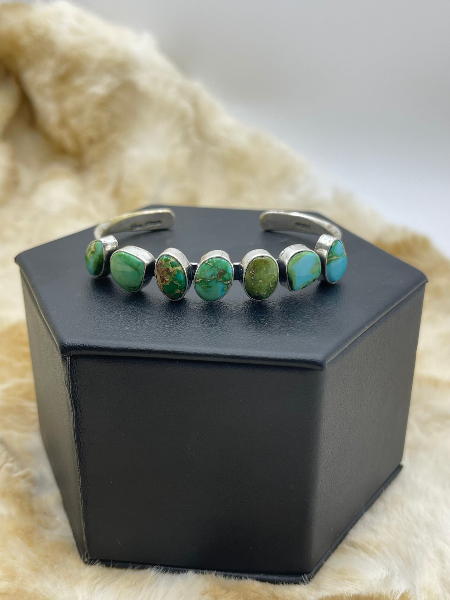 5.5"-7" Sonoran Gold Turquoise 7 Stone Dainty Cuff by Tom Lewis, Navajo
