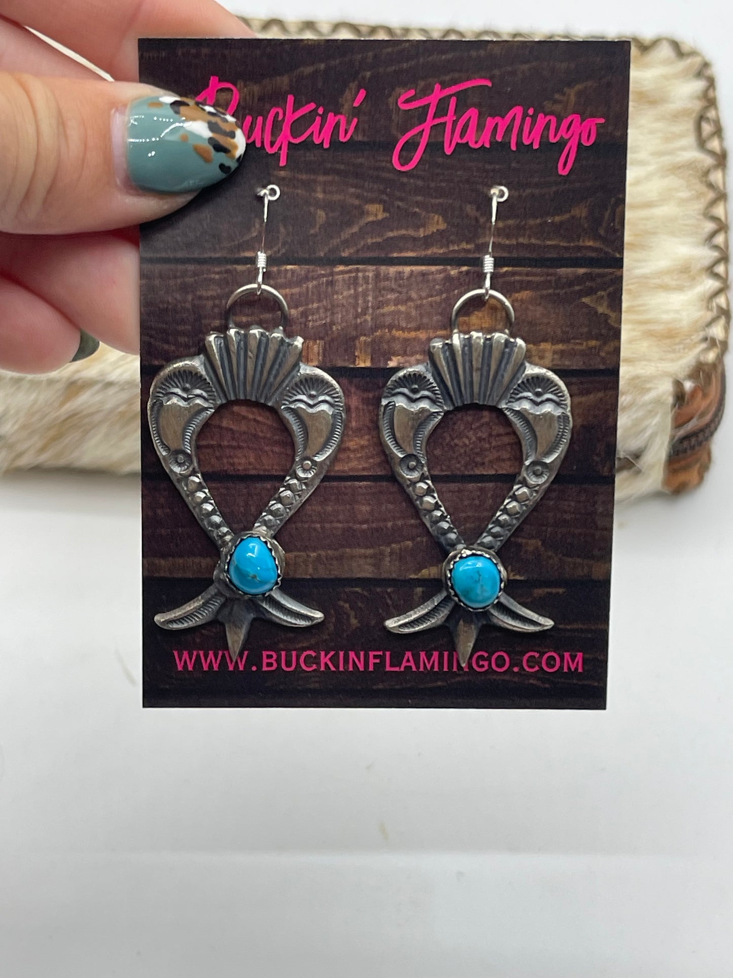 Tufa Cast Naja Turquoise Dangle Earrings by Eva and Linberg Billah, Navajo