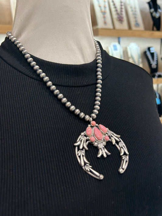 20" 7mm Navajo Style Pearls Necklace with Pink Conch Cluster Naja by Bobby Platero, Navajo