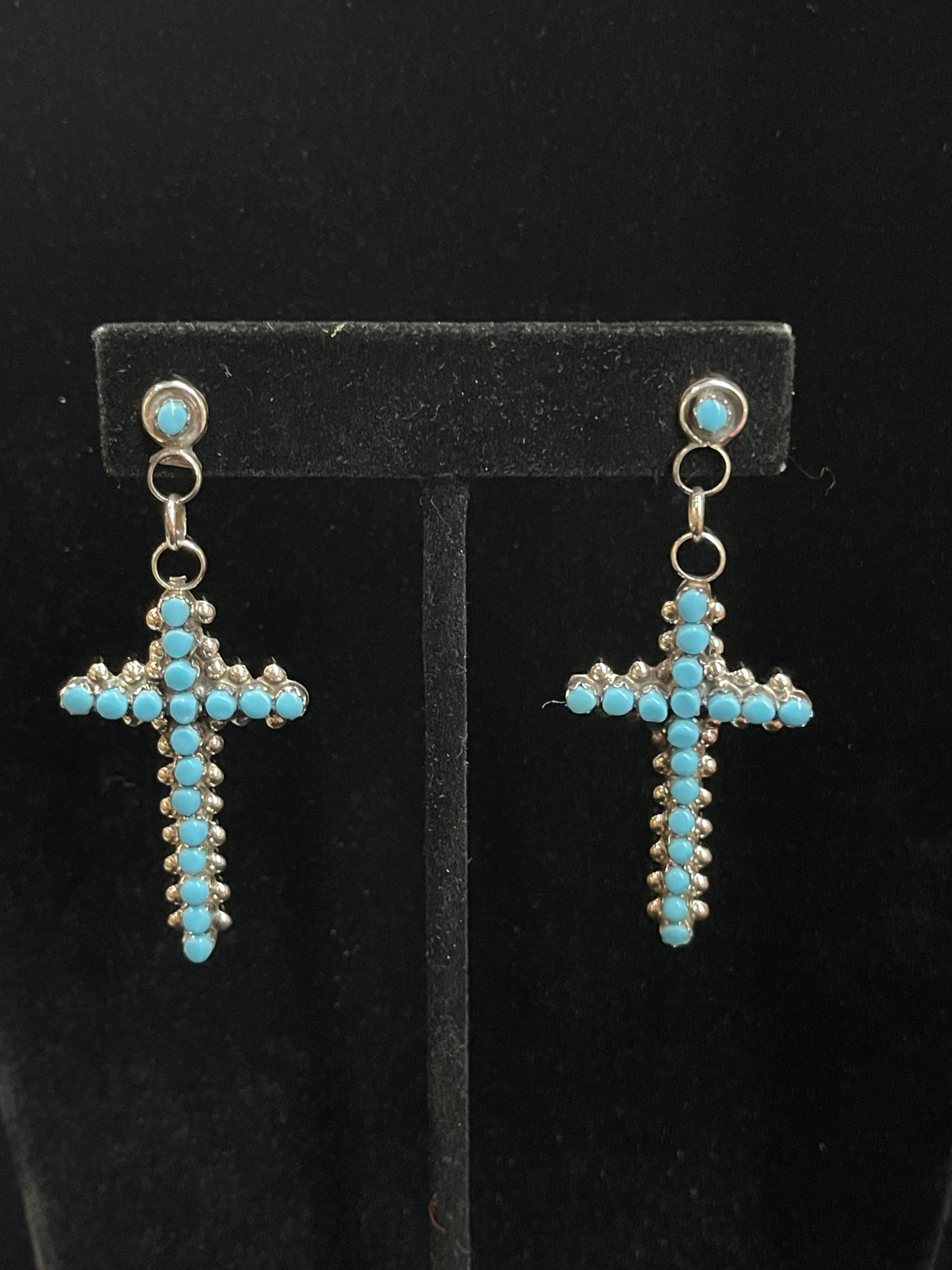 Turquoise Cross Dangle Earrings by Marion Quam, Zuni