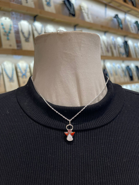 16" Chain with Coral Angel Pendant Necklace by Claudia Maritza, Zuni