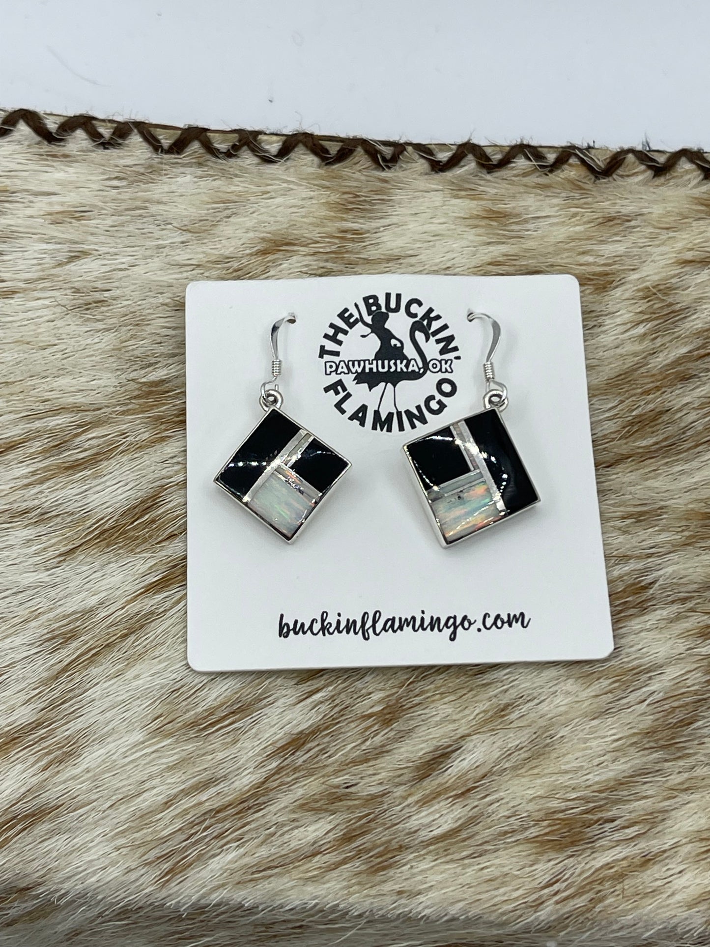 Black Onyx and White Opal Inlay Dangle Earrings by James Manygoats, Navajo
