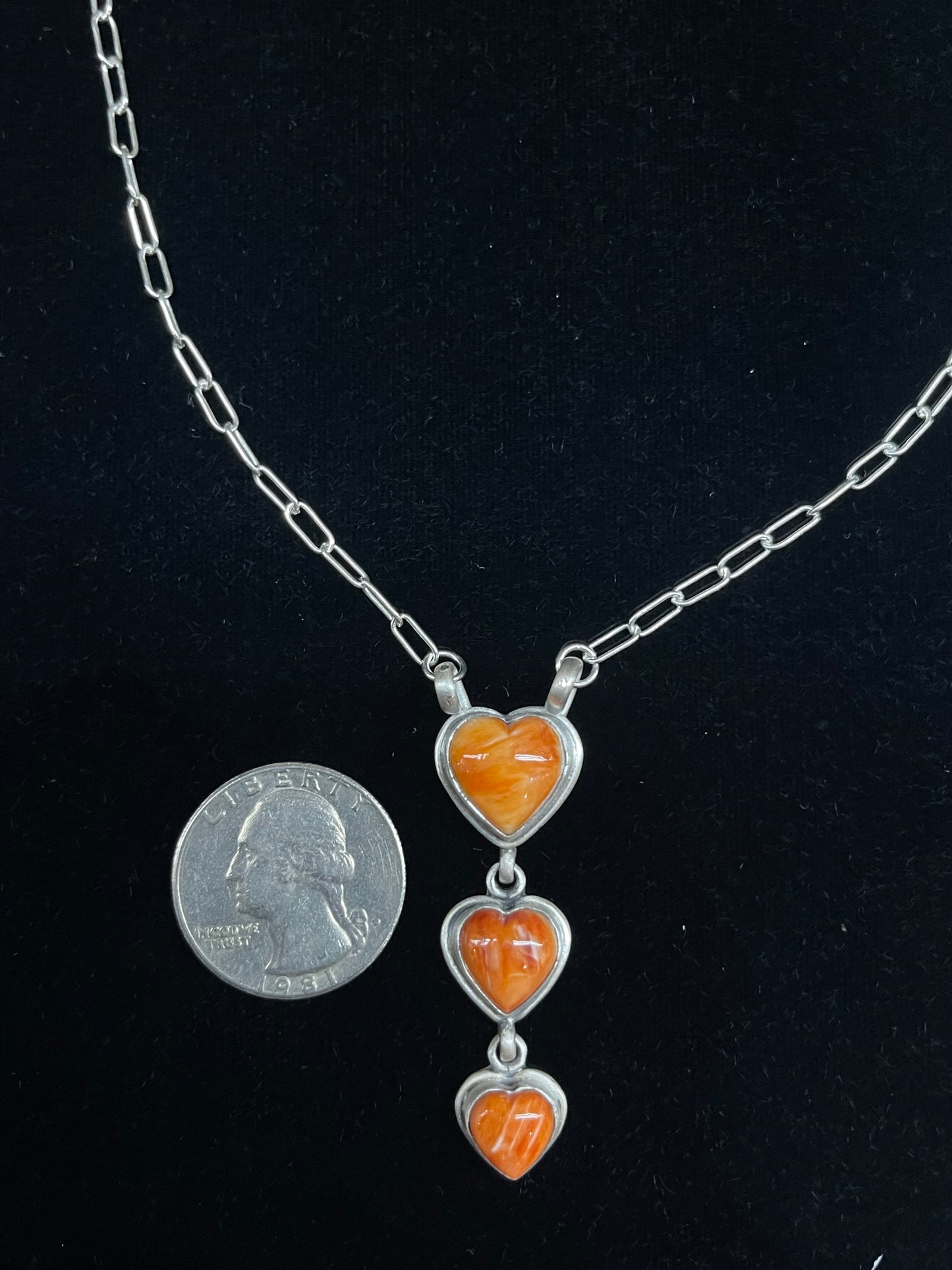 3 Stone 18" Orange Spiny Oyster Heart Necklace