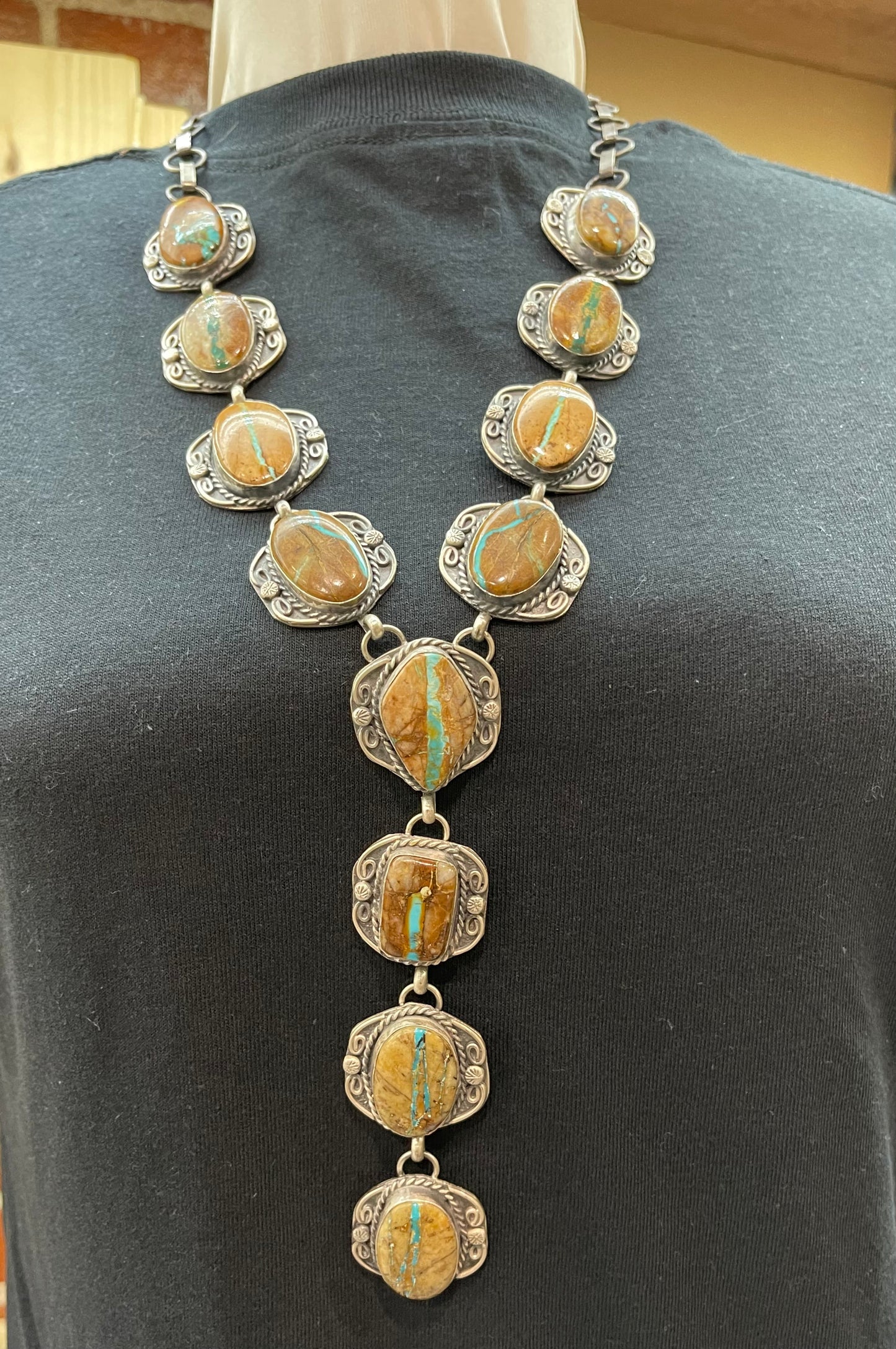 3 Piece Ribbon Turquoise 26" Lariat, 7.5 Ring, and Earring Set by Gilbert Nez, Navajo