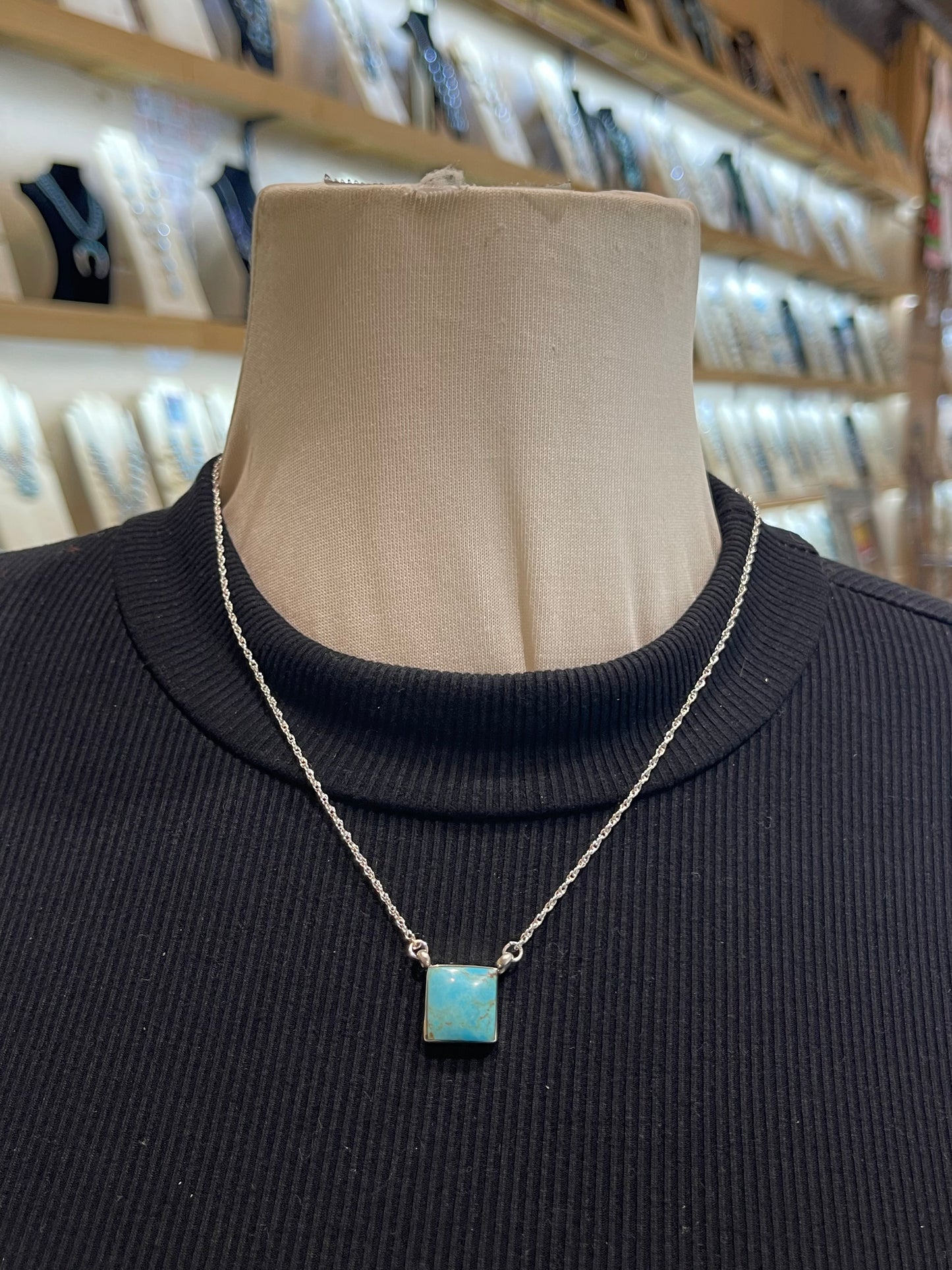 18" Kingman Turquoise Square Necklace by Ryntanna Yazzie, Navajo