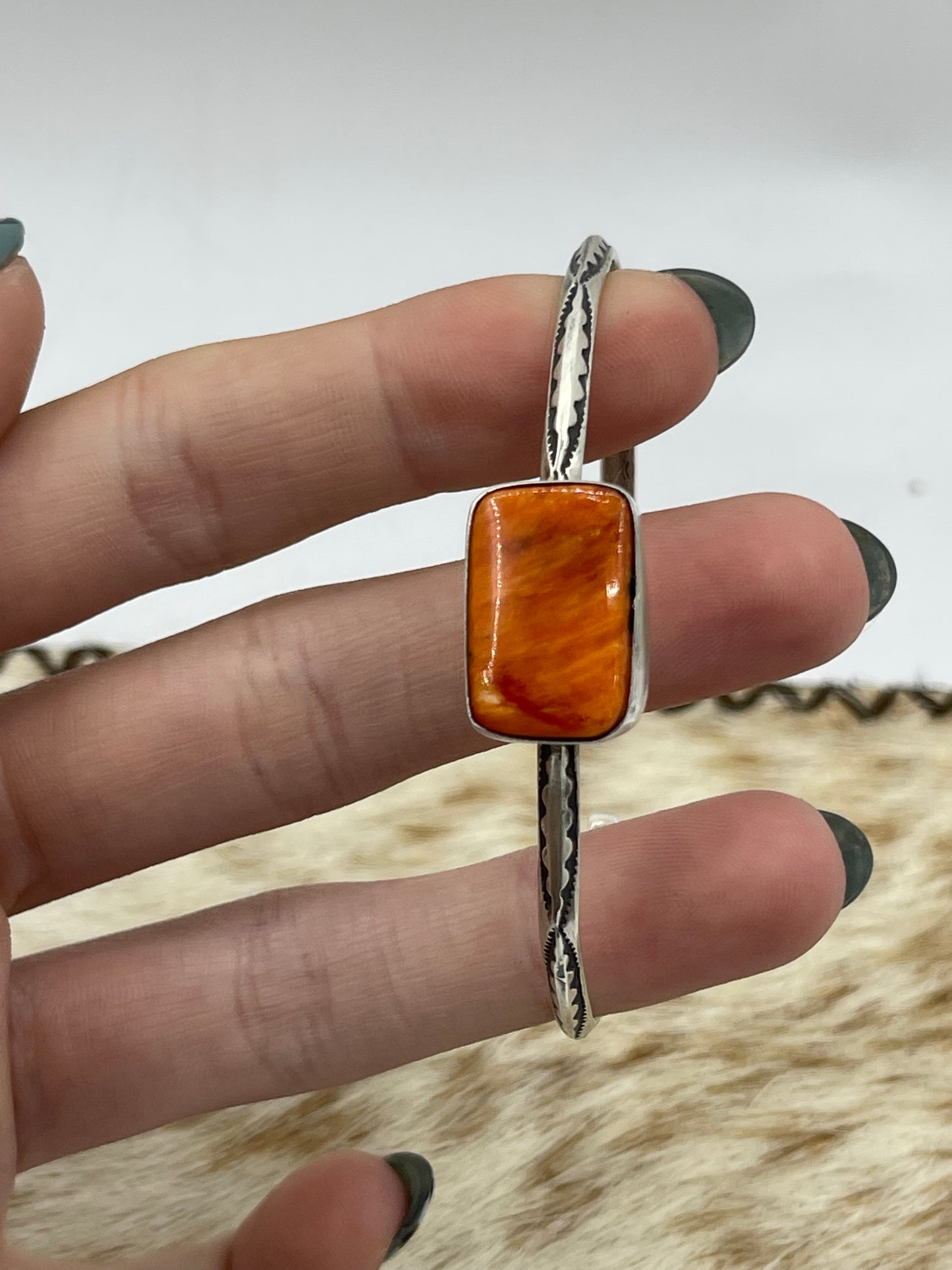 5 1/4"-7 1/2" Orange Spiny Oyster shell Triangle Wire Cuff by Judith Dixon, Navajo