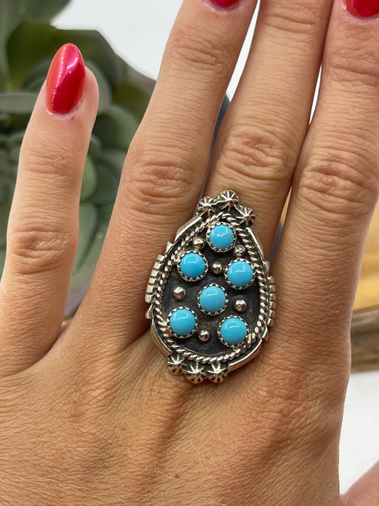 9.0 6 Stone Turquoise Teardrop Ring by Kenny Lonjose, Navajo