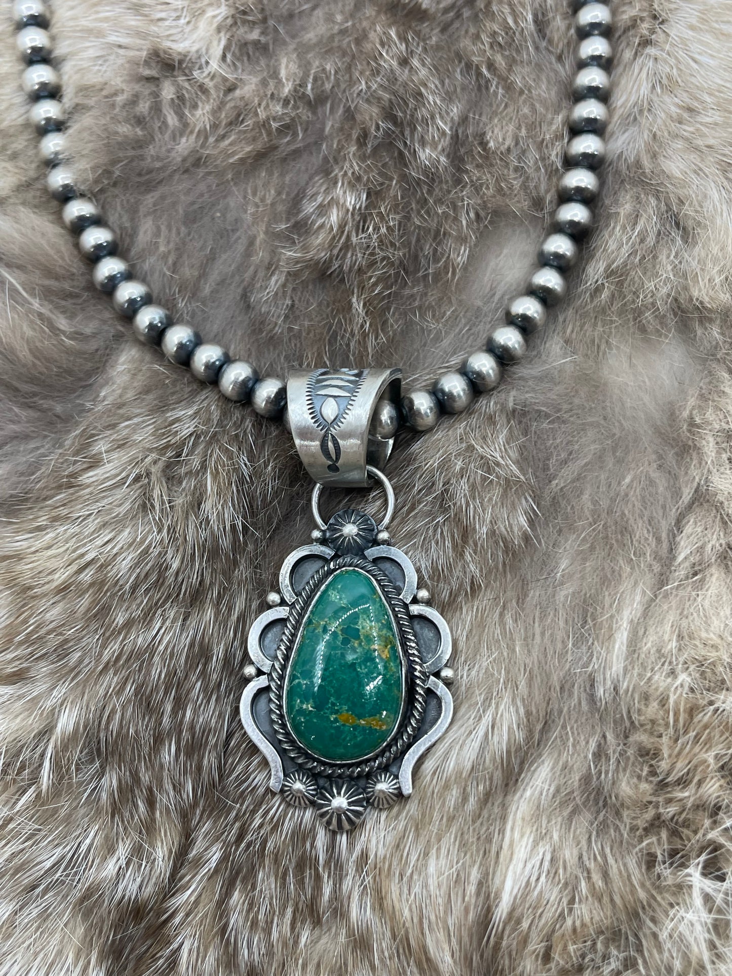 Sonoran Gold Turquoise Pendant with 18" 6mm Navajo Style Pearls by Tom Lewis, Navajo