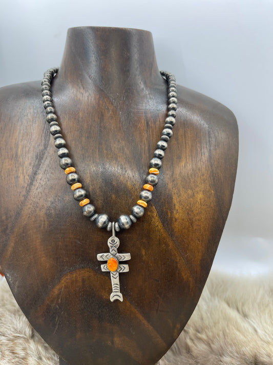 14" Graduated Navajo Style Pearls and Spiny Oyster Shell with Double Cross