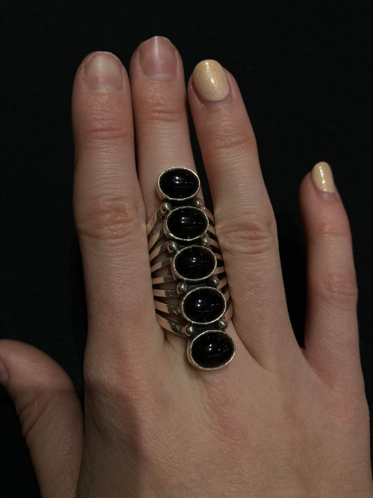 8.5 5 Stone Black Onyx Ring by Thomas Yazzie, Navajo