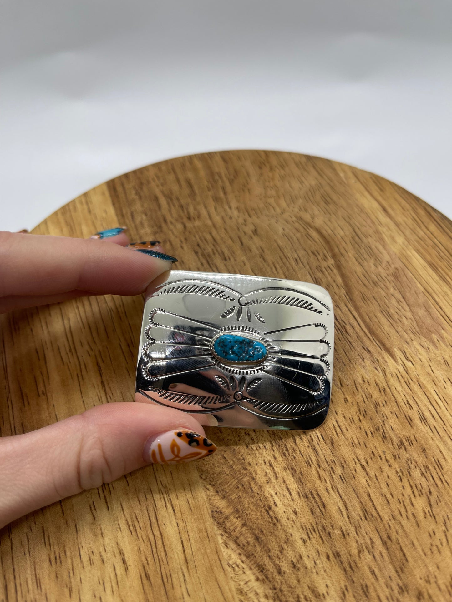 2"x1 1/2" Turquoise Stamped Small Belt Buckle by Jolene Begay, Navajo