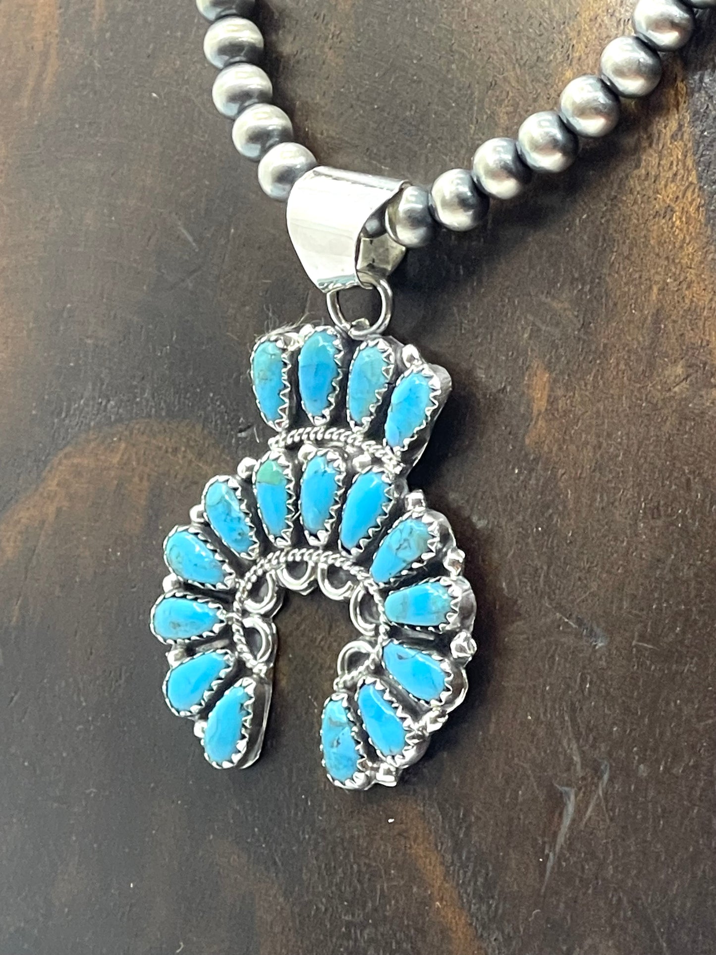 16" 5mm Navajo Style Pearls Turquoise Naja Pendant by Zeita Begay, Navajo