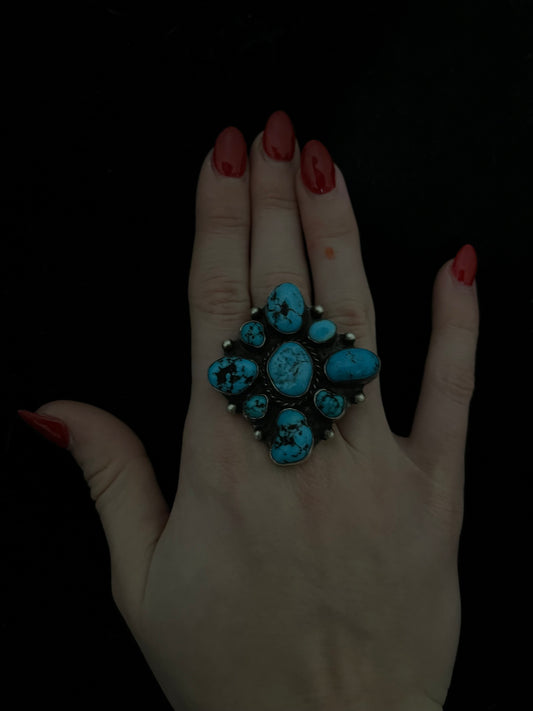 8.0 Turquoise Cluster Ring by Wilson Dawes, Navajo