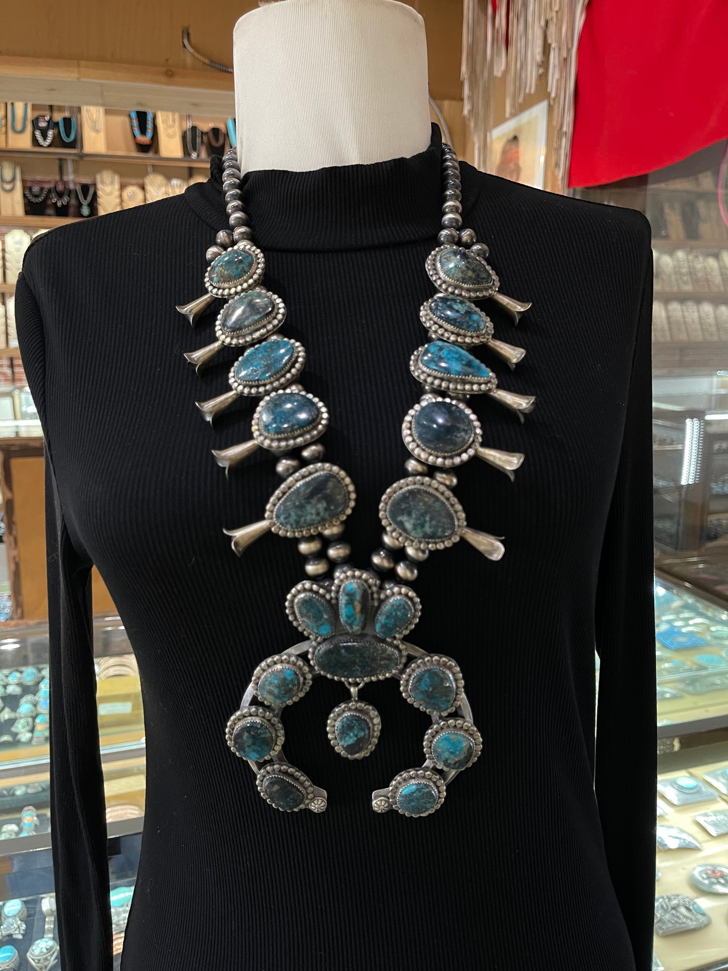 28" Nevada Blue Turquoise Naja Squash Blossom by Delbert Secatero, Navajo