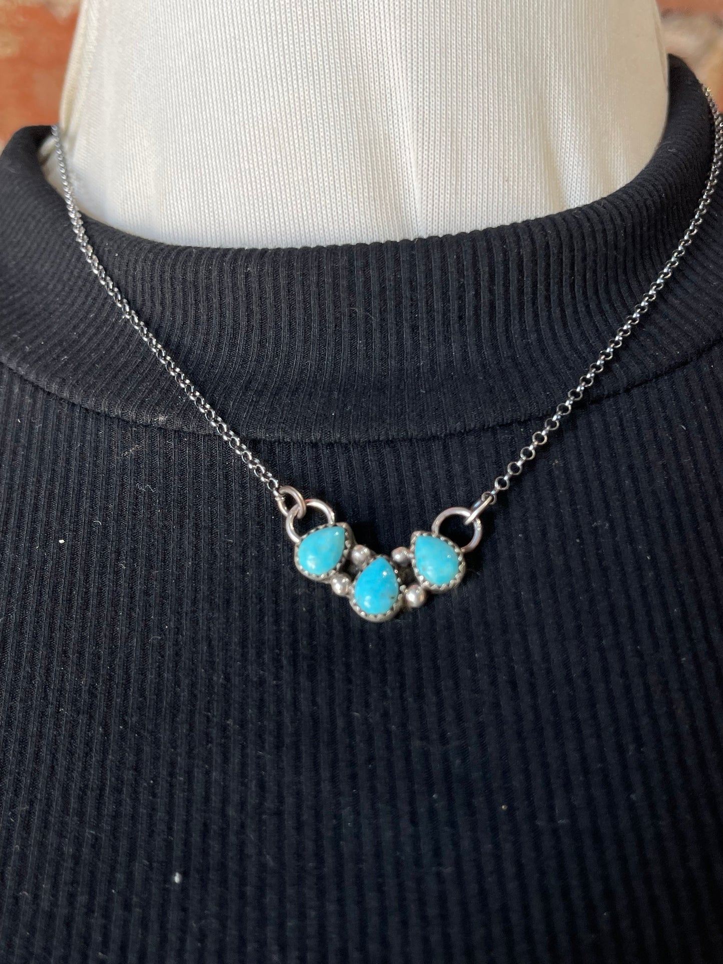 LOT 15 11/2 16" 3 Stone Dainty Turquoise Necklace by Maxine Ramirez, Navajo