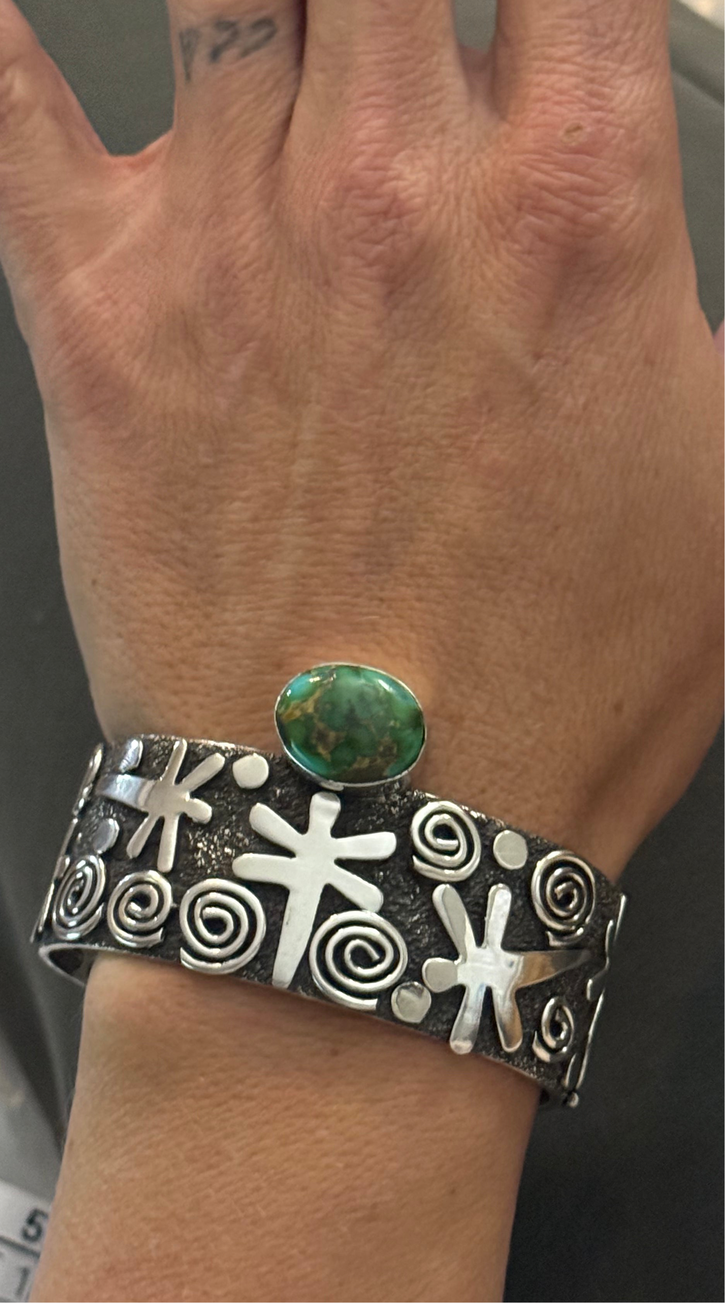 Dragonfly and Spiral Petroglyph Cuff with Sonoran Gold Turquoise by Alex Sanchez, Navajo (medium width)