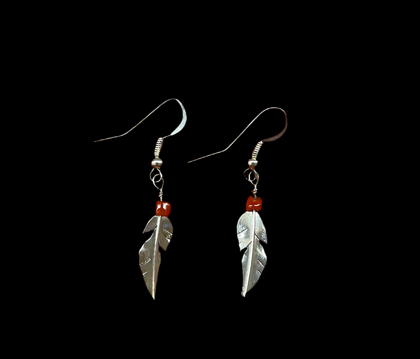 Red Coral and Sterling Silver Feather Dangle Earrings