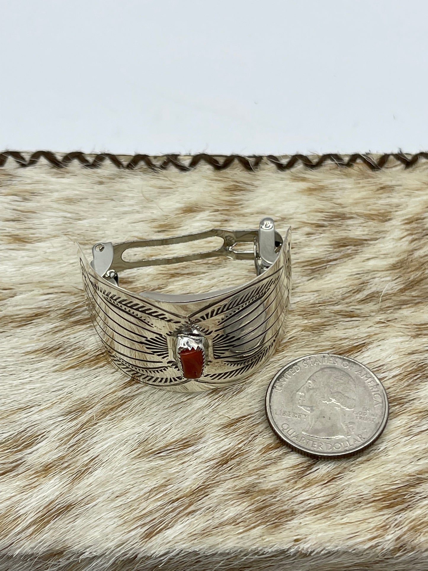 Red Coral Stamped Ponytail Barrette by Jolene Begay, Navajo