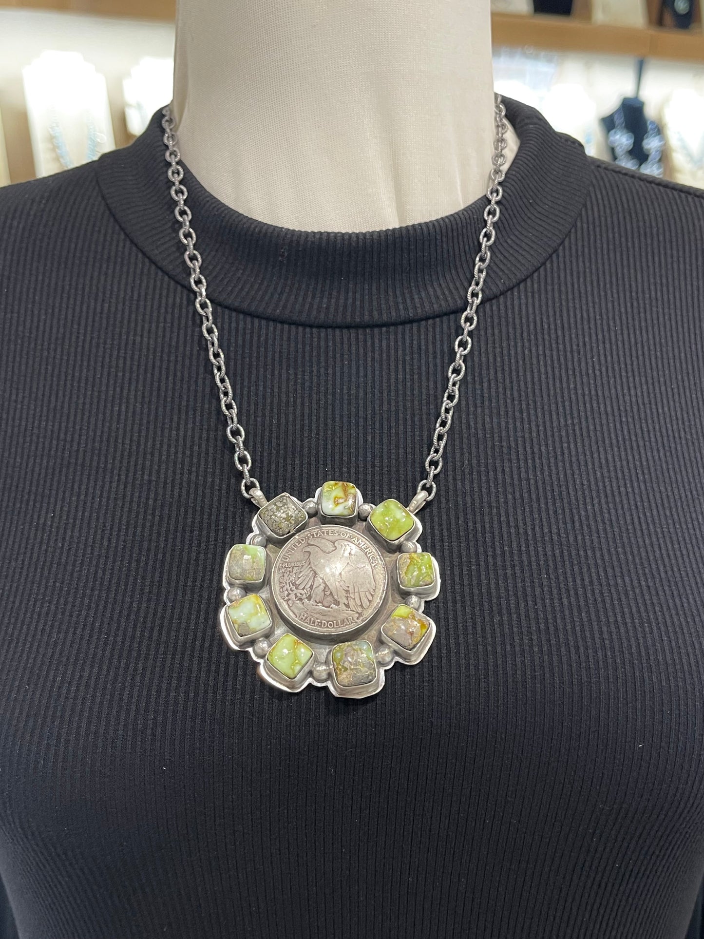 19" Eagle Silver Half Dollar with Palomino Turquoise Necklace