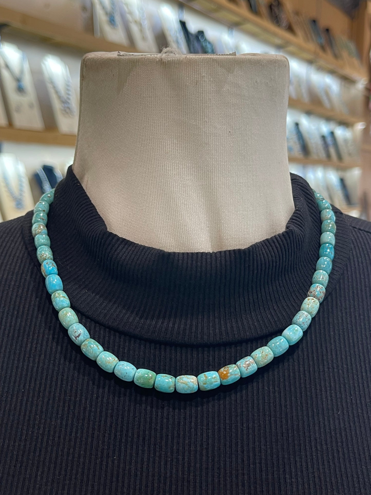 18" Natural Kingman Turquoise Cylinder Bead Necklace by Tammy Nolcott, Navajo