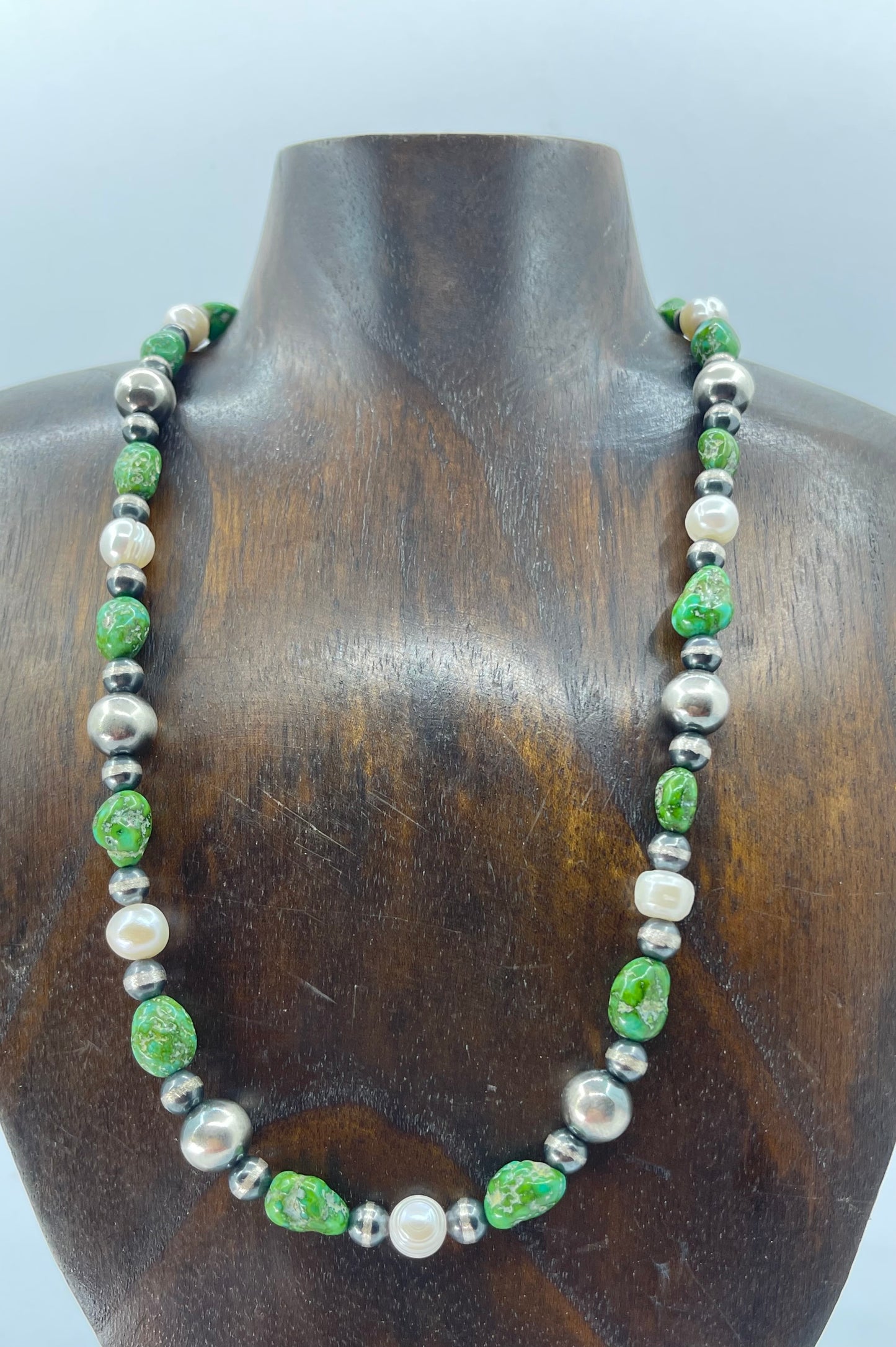 19" 6mm-10mm Sonoran Gold Turquoise, Freshwater Pearls, and Navajo Pearls Necklace