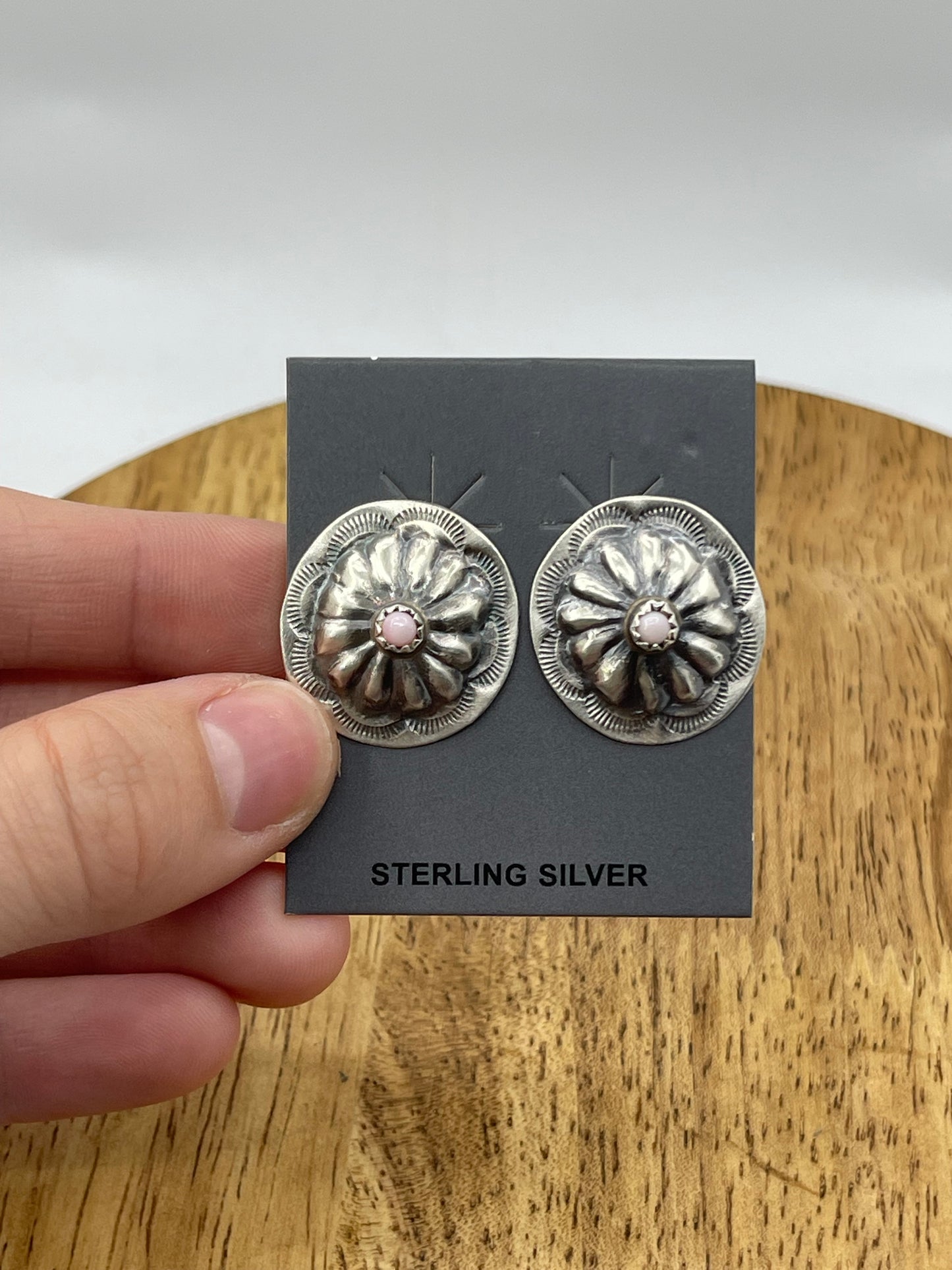Concho Post Earrings with Pink Conch Shell by Joan Begay, Navajo