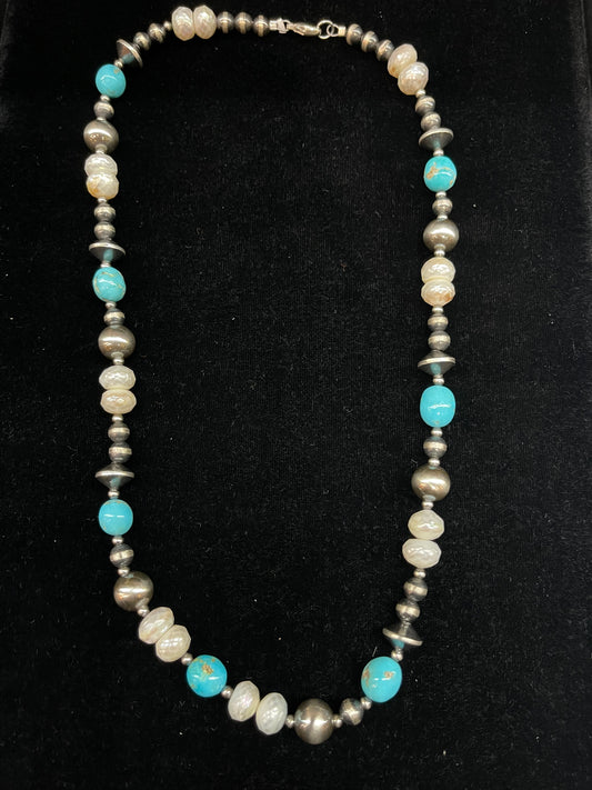 20" 3mm-10mm Freshwater Pearls, Turquoise Pearls, and Navajo Pearls Necklace