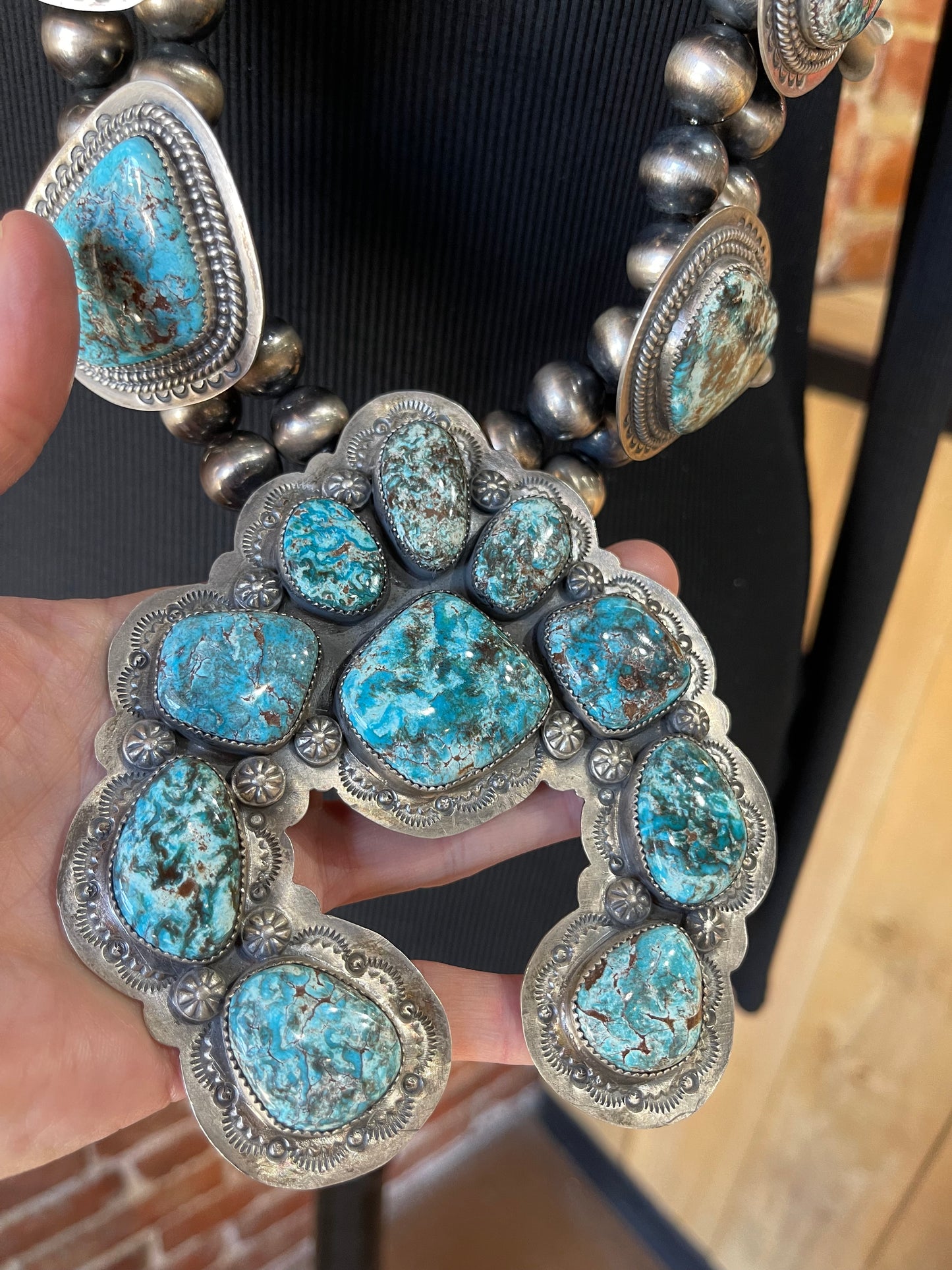 46” Lone Mountain Turquoise Squash Blossom by Delbert Secatero, Navajo