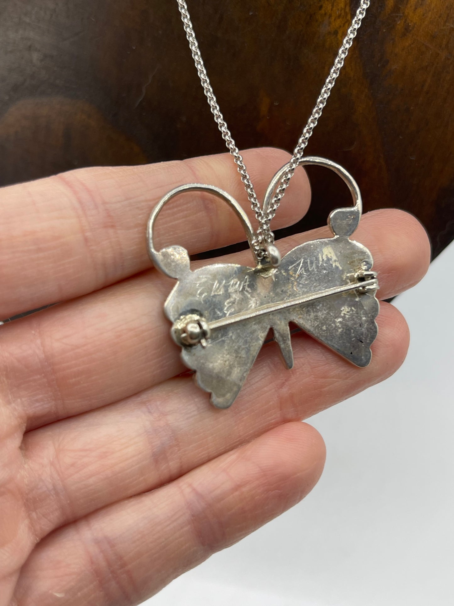 18" Inlay Bufferfly Pin and Pendant Necklace by EE, Zuni